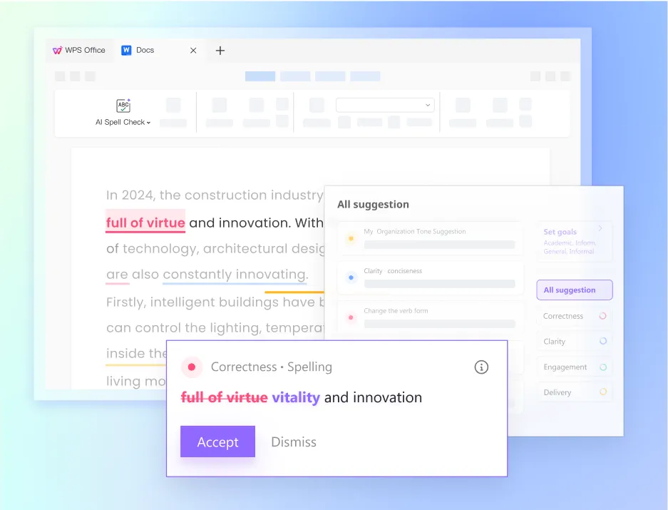 WPS AI 拼字檢查可輕鬆對您的文字進行校對和變更措�? width=