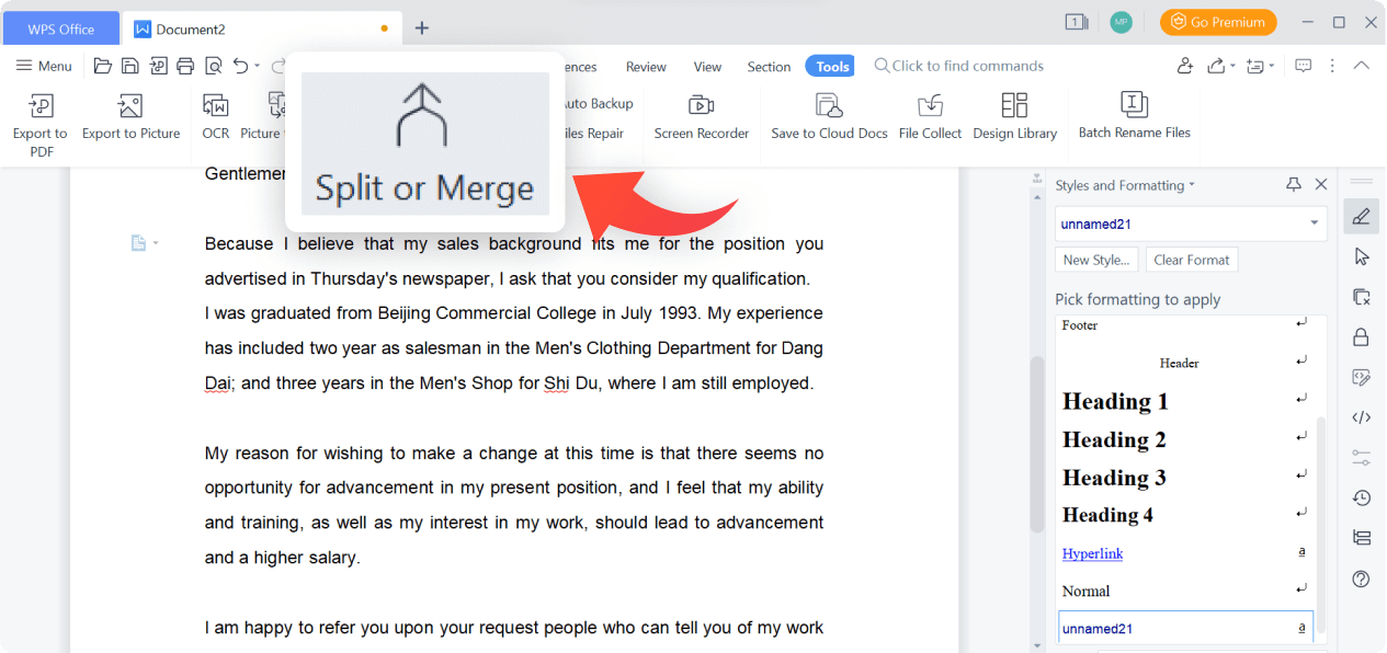 �?WPS 寫入器中分割或合�?Word 文件